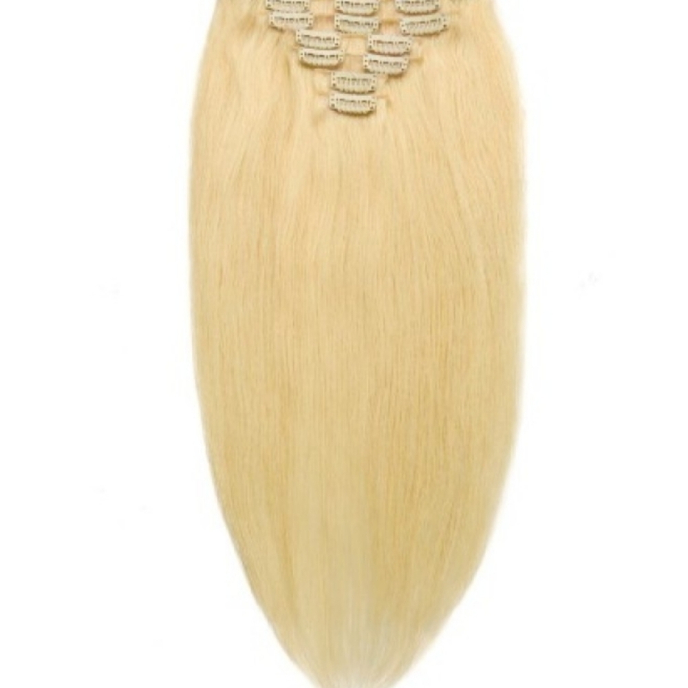 Bleach blonde clip in human hair extensions